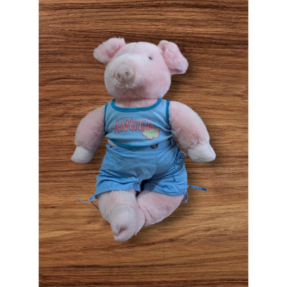 Paws & Claws Pink Angel Pig Plush Stuffed Toy 17" With Blue Shirt & Shorts